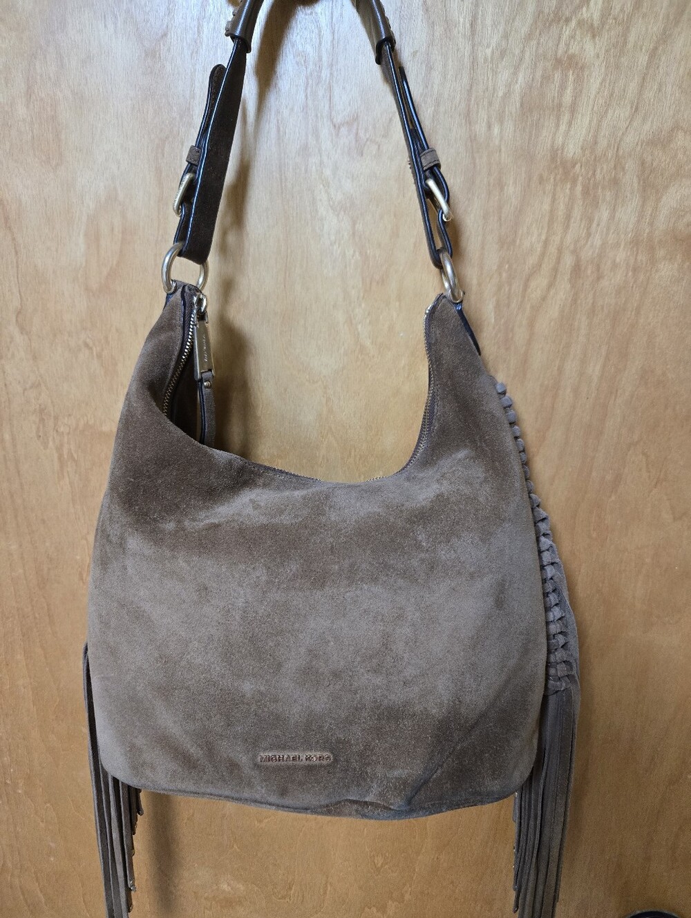 Michael Kors Taupe Suede Fringe Hobo Bag